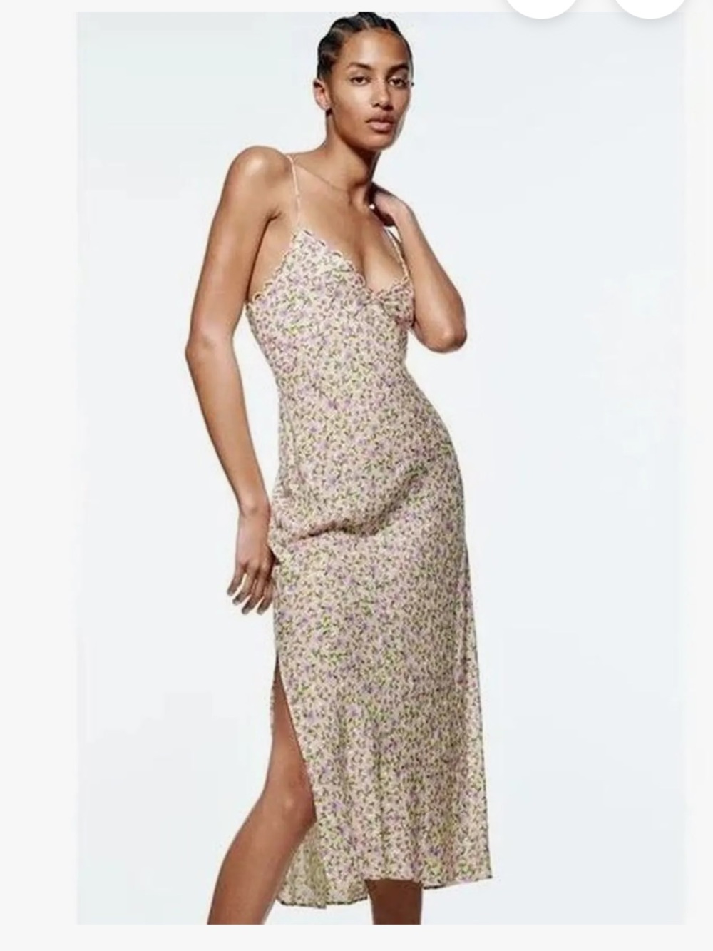 Floral Scallop-Trim Strappy Midi Dress